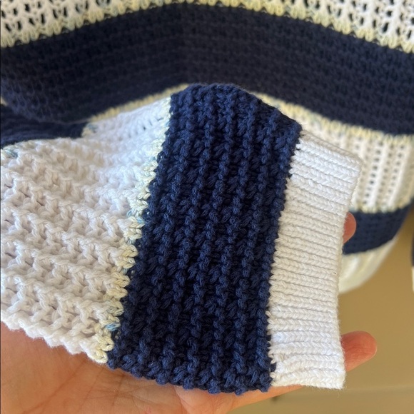 Talbots Like New SzL Petite Open Stitch Sailor Collar Sweater Blue White Stripe - Picture 6 of 10